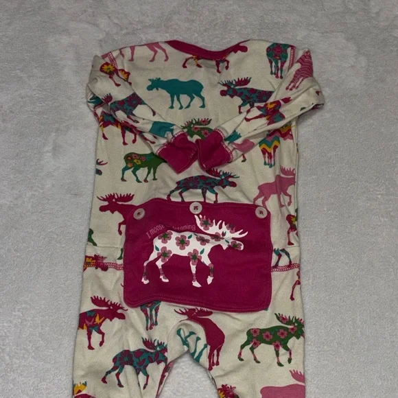 Little Blue House Pink and Green Moose Print Kids Footie - Picture 8 of 10